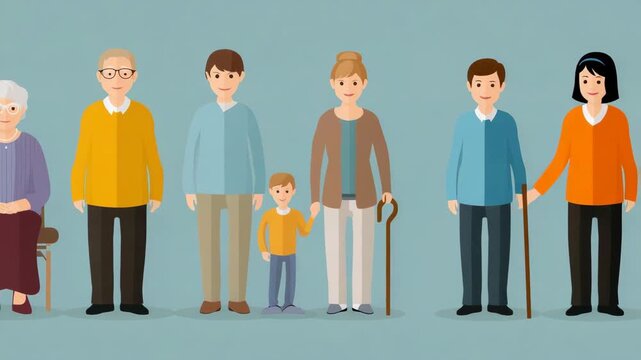 A group of people, including an elderly man in a wheelchair. Flat infographic icons of elderly, disabled, family figures representing Medicaid beneficiaries, minimal clean style