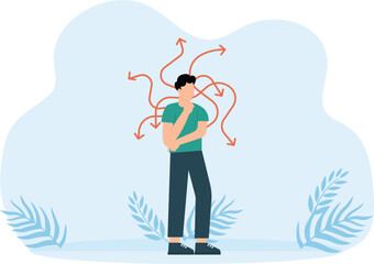 Thoughtful people and Right option search, Men doubt choice and employee make decision, Alternative variant and Crossroad pointers and way arrows and true solution concept
