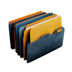 Organized file folders in a dark blue holder featuring yellow orange and blue files for efficient document management and office organization solutions on transparent background