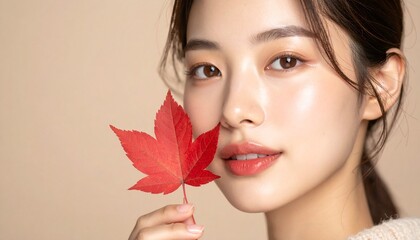 クローズアップで撮影された若い日本人女性のナチュラルビューティーポートレートです。
柔らかくスタイリングされた髪と自然なメイクが顔の輝きを引き立てます。
赤い秋の葉を頬に添える仕草が季節感と優しさを表現。