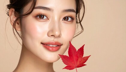 クローズアップで撮影された若い日本人女性のナチュラルビューティーポートレートです。
柔らかくスタイリングされた髪と自然なメイクが顔の輝きを引き立てます。
赤い秋の葉を頬に添える仕草が季節感と優しさを表現。