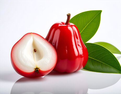 A glossy red water apple and a sliced half showing its juicy white pulp and seed, accompanied by fresh green leaves, isolated on white