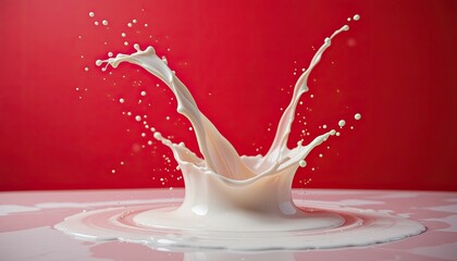Dynamic Milk Splash: Crown-Shaped Liquid Eruption Against Red Background.
