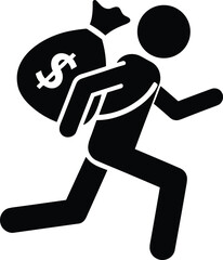 Thief silhouette icon, burglar running with money bag, robbery symbol, criminal figure, theft pictogram, black vector design, crime illustration, security alert sign, danger concept