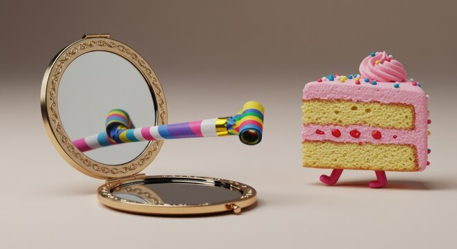 Animated cake walking towards a party favor emerging from a golden compact mirror