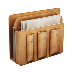 Stylish leather organizer with pockets and documents perfect for office organization and file management enhancing workspace aesthetics and efficiency on transparent background