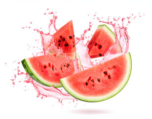 A fresh slice of ripe watermelon makes a big splash in pink juice, creating a dynamic liquid explosion isolated on a white background