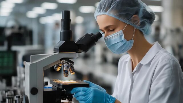A woman wearing a white lab coat and a blue glove is looking through a microscope. technician inspecting semiconductor chip under microscope, semiconductor shortage clean sci‑tech lab