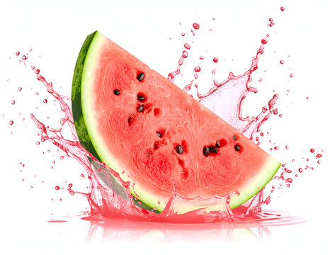 Fresh ripe watermelon slice crashing into pink juice, creating a dynamic splash isolated on a clean white background - Powered by Adobe
