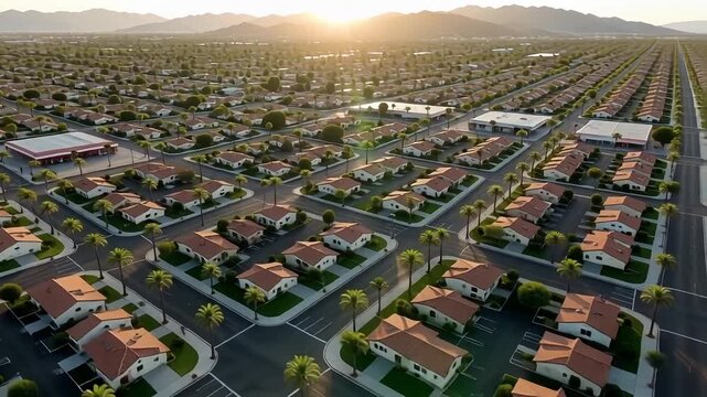 Neighborhood aerial view at sunset showcasing suburban sprawl and planned community living with palm trees, perfect for real estate or urban planning