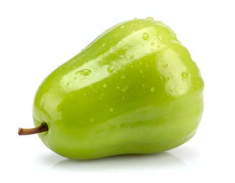 Close-up of a vibrant green wax apple with a dewy, wet surface and fresh water drops, isolated on a clean white studio background