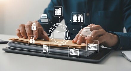 Businessman managing a secure document management system with digital icons for data protection, file archiving, and information security concept