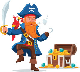 Cartoon pirate with treasure chest, parrot companion vector, gold coins illustration, pirate sword design, adventure character art, buccaneer mascot, pirate hook hand, fantasy treasure scene