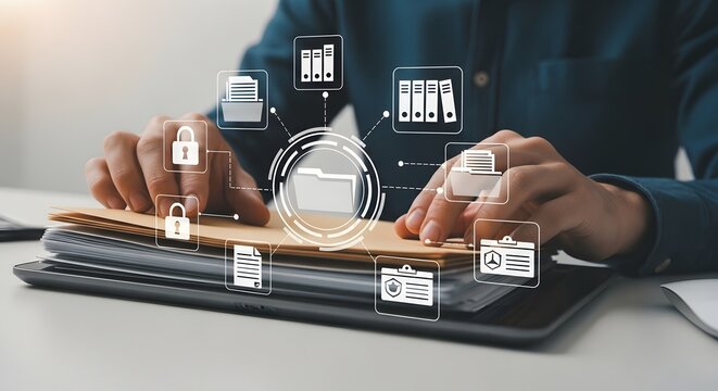 Businessman managing a secure document management system with digital icons for data protection, file archiving, and information security concept