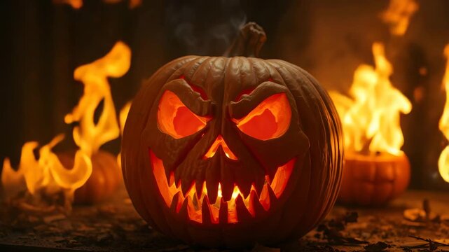 The big helloween pumpkin has a mad face with glowing eyes and also a smoke in its mouth and teethhalloween red eye skull night scary animation looping video animated background. Scary carved hallowee