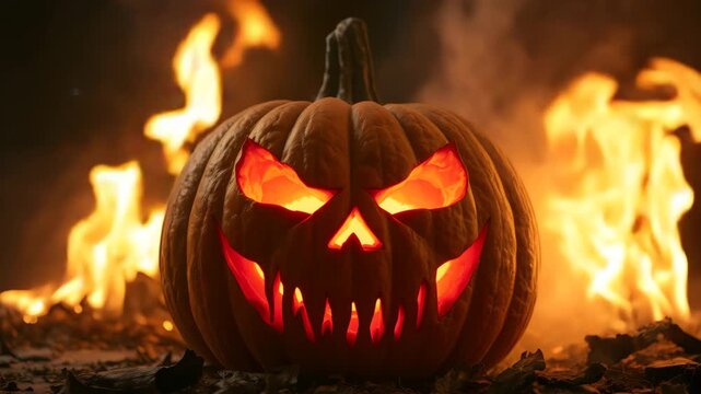 The big helloween pumpkin has a mad face with glowing eyes and also a smoke in its mouth and teethhalloween red eye skull night scary animation looping video animated background. Scary carved hallowee