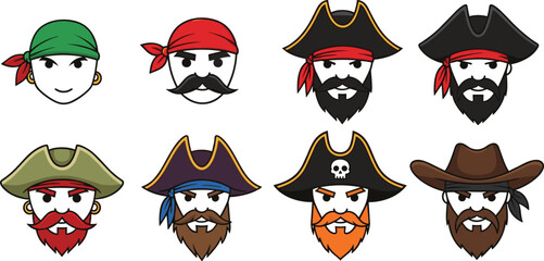 Pirate face vector set, cartoon pirate heads, bearded pirate illustration, pirate hat design, character avatar collection, sailor costume art, buccaneer symbol, pirate icon graphic