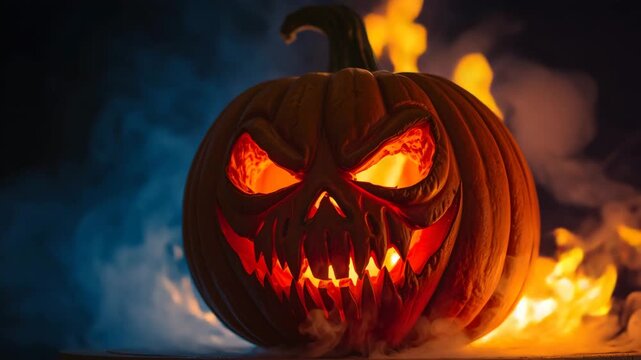 The big helloween pumpkin has a mad face with glowing eyes and also a smoke in its mouth and teethhalloween red eye skull night scary animation looping video animated background. Scary carved hallowee