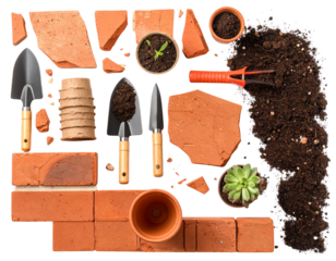 Isolated Broken Brick Pieces with Gardening Tools, Top View PNG