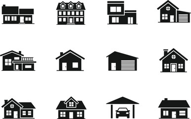 House silhouette collection, residential building icons, home vector set, property symbol illustration, architecture design graphic, black house icon, real estate logo, modern housing