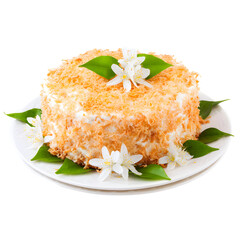 Delicious coconut cake decorated with white flowers and green leaves on plate