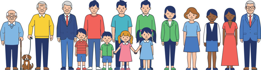Cartoon family illustration, diverse people group, grandparents, parents, children, generations together, multicultural community, happy family concept, family unity, lifestyle design, group portrait