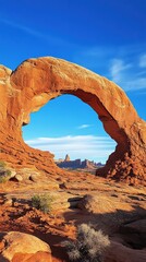 Natural rock arch in red desert terrain
