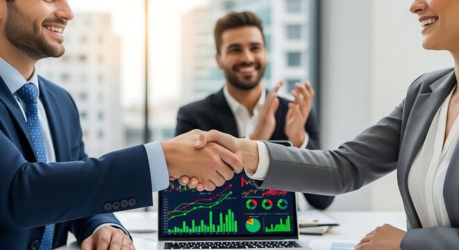 Professional Business Meeting Handshake with Financial Growth Graph on Laptop