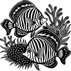 Fototapeta premium Two Ornate Butterflyfish in Detailed Underwater Scene