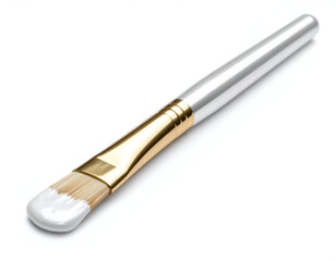 Luxury cosmetic brush with a metallic handle dipped in shimmering liquid silver foundation, with a dropper applicator isolated on a clean white background