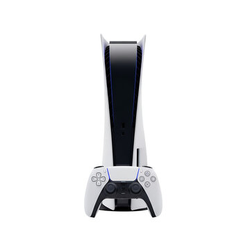 ps5 gaming console vertical with white dualsense controller