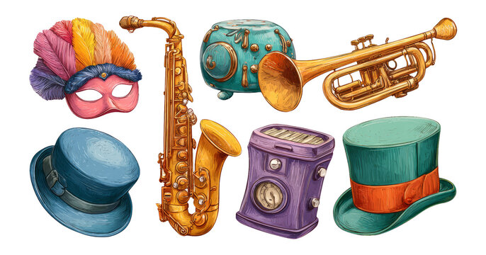 Colorful Musical Instruments and Hats Illustrations on Transparent Background