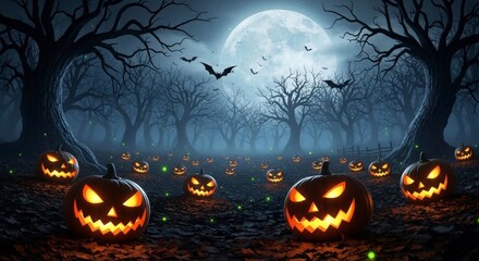 Scary Jack O Lanterns Glowing in a Spooky Forest at Night Under a Full Moon