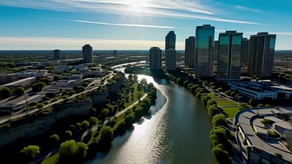Dynamic urban skyline video featuring modern architecture and sun-drenched riverfront views, perfect for showcasing thriving city life and business opportunities