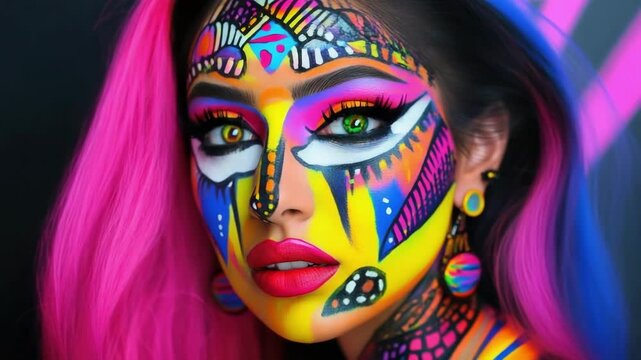 Vibrant artistic makeup on young hispanic woman with bold colors and patterns