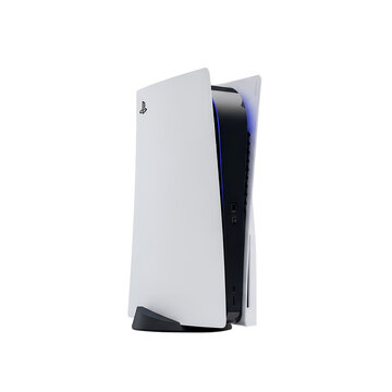 playstation 5 console side view with sleek white design isolated on white