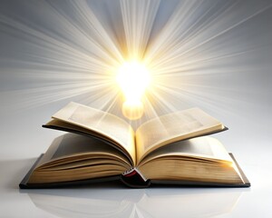 An open book with a bright light bulb shining above it, symbolizing knowledge and ideas