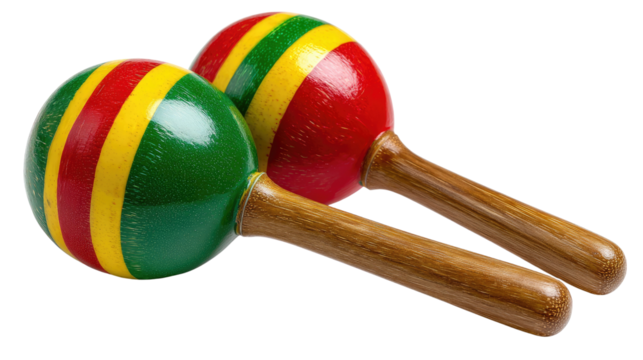 Colorful Wooden Maracas with Red, Yellow, and Green Stripes