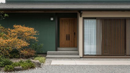 Modern minimalist house entrance with wooden door, large window, and gravel landscape design
