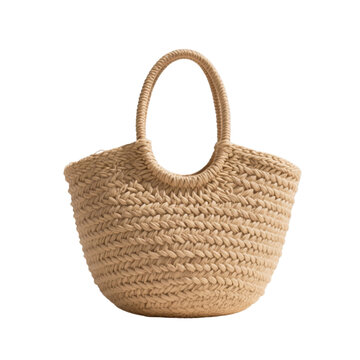 Round woven beach bag with loop handles, natural fiber texture, isolated on transparent background