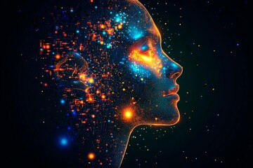 Obraz premium Glowing pixelized face with vibrant colors and digital effects depicting an abstract human figure in a creative concept