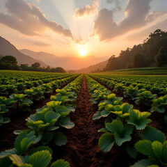 Beautiful strawberry garden and sunrise on Doi ang Khang Chiang Mai Thailand