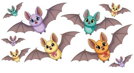 Fototapeta premium Group of Cute Colorful Cartoon Bats Flying on an Isolated White Background