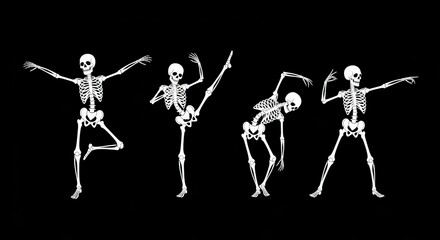 Four Funny White Skeletons in Various Dance Poses on a Solid Black Background