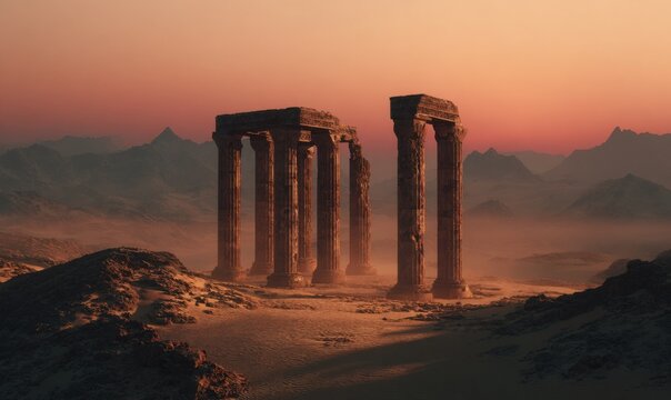 Ancient ruins in a desert at sunset