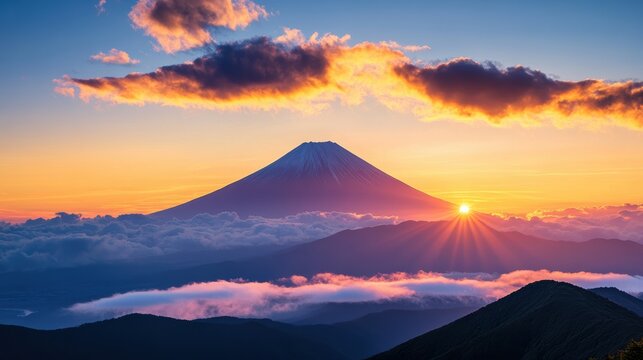 Sunset behind Mount Fuji with vivid clouds