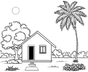 House with a coconut tree and garden coloring page