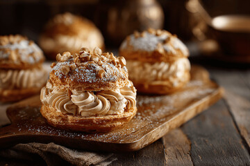 Classic Paris-Brest pastry with hazelnut cream in bakery