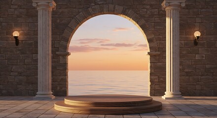 Fototapeta premium Elegant stone archway frames serene ocean view at sunset, creating a peaceful and inviting scene with a touch of classical architecture.