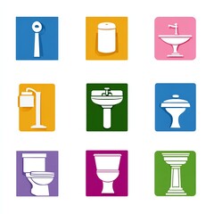 Bathroom Icon Set: A collection of stylish bathroom icons in a minimalist flat design style, each housed within a colorful square, offering a fresh.